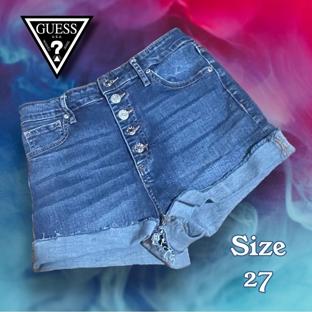 GUESS High Waisted Button Fly Raw Hem Sparkle Logo Jean Shorts Size 27
